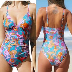 Retro Floral One Piece Swimsuit L NWT V-Neck Ruched
